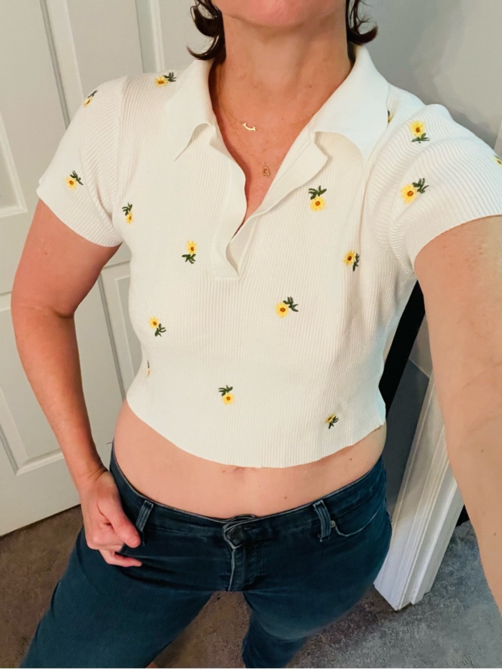 Altar'd State White Cropped Polo Top with Yellow Floral Embroidery